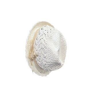 White Paper Bucket Hat Beige Ribbon Summer Sun Beaded Beach Pool Vacation Travel